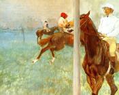 埃德加 德加 : Jockeys before the Start with Flagpoll